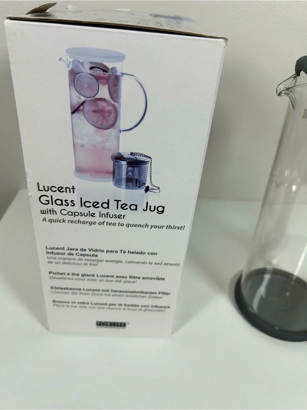 FORLIFE LUCENT Glass Iced Tea Jug with Charcoal Lid and Infuser 48-Ounce